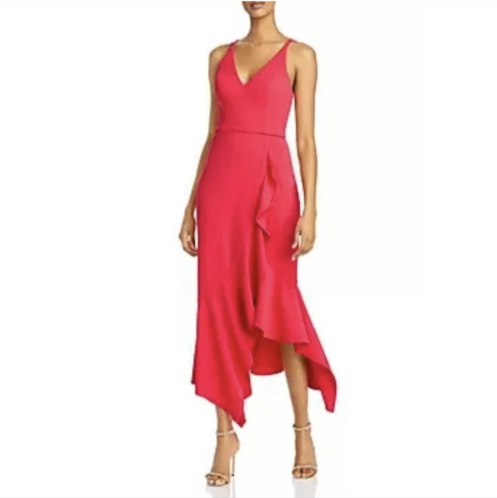Aqua Women's Cocktail Dress Size 4 Red Crepe Ruffled High Low Hem Orig $238